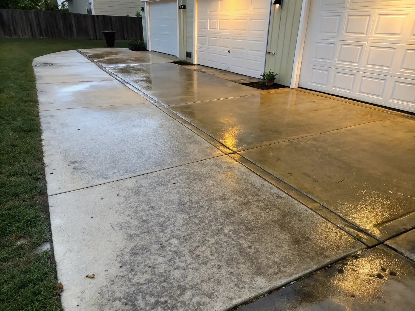A before-and-after shot of a driveway, showing the dramatic difference after a professional power washing service.