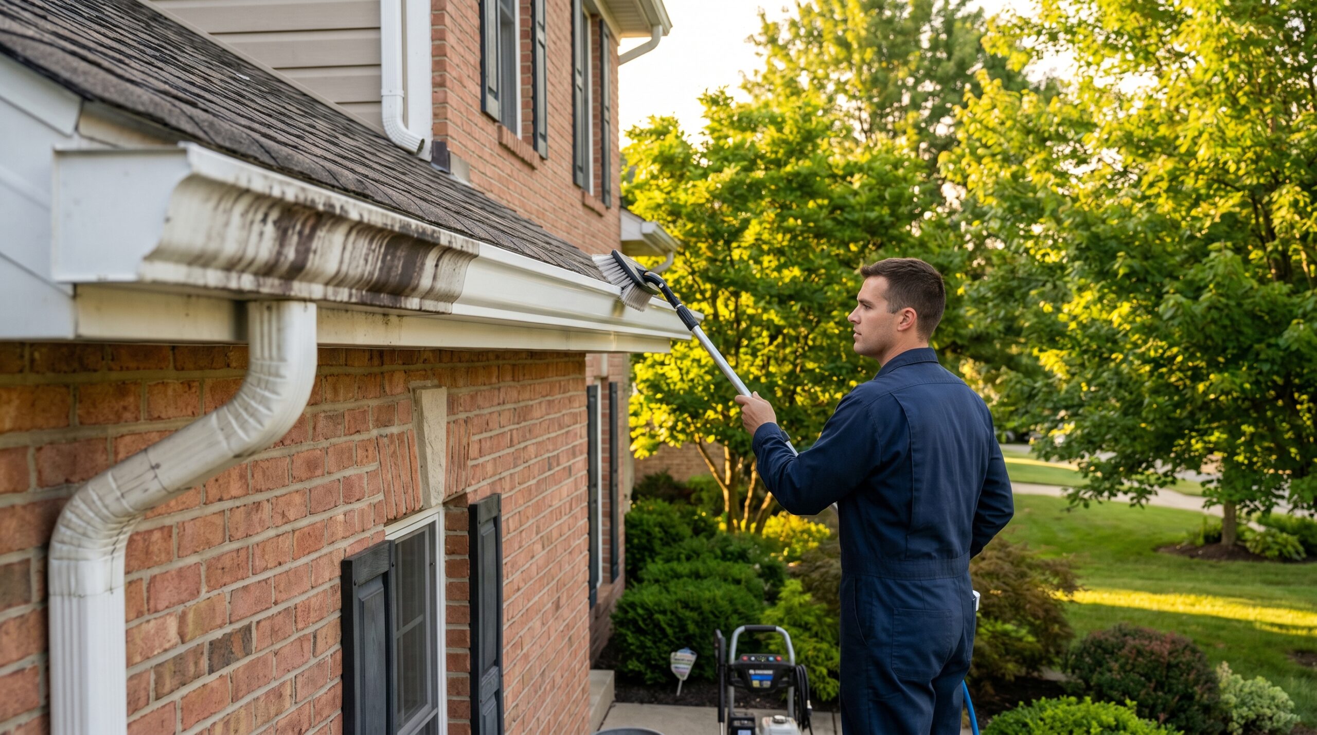 Oasis Power Washing technician cleaning and brightening gutters on a brick home in Greene County PA